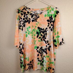 Liz‎ Claiborne Blouse XXL Woman Short Sleeve Key Hole Neck Foliage Semi Sheer